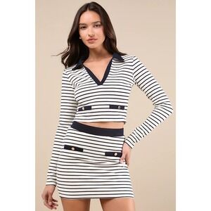 NWT Lulus Navy White Striped Two Piece Set Knit Crop Top and Mini Skirt
